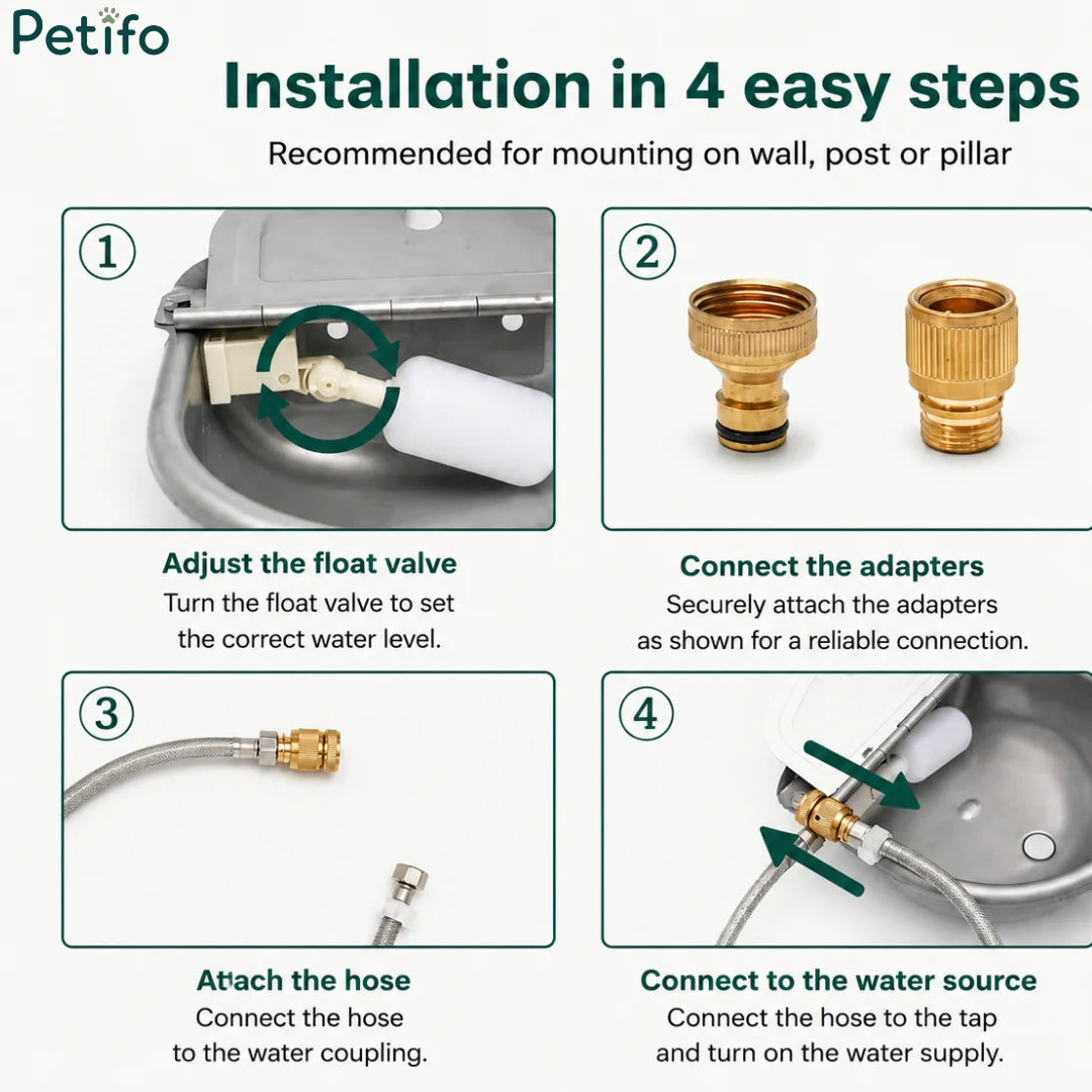 Step-by-step installation and mounting guide for setting up the automatic water bowl in a stable or pasture.