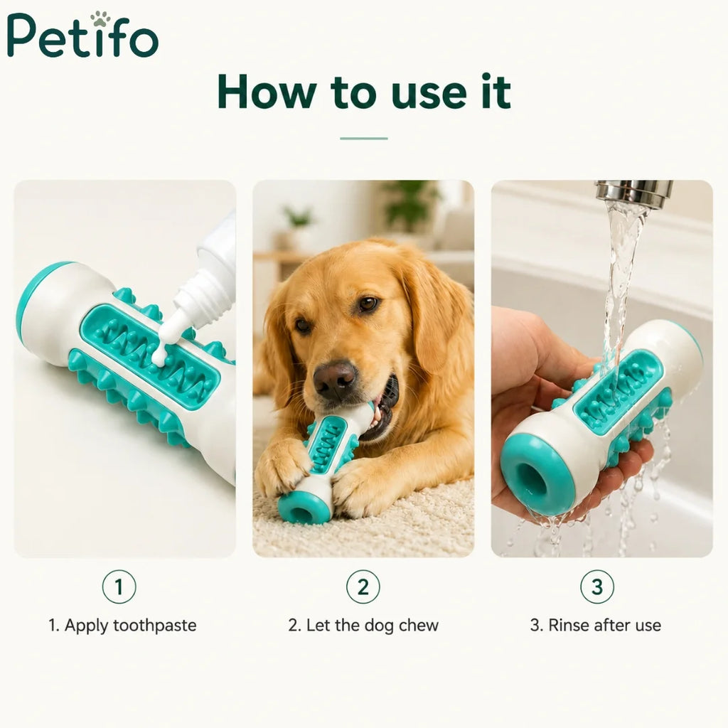 Step-by-step instructions showing how to use the Petifo dog chew toy by applying toothpaste, letting the dog chew, and rinsing after use.