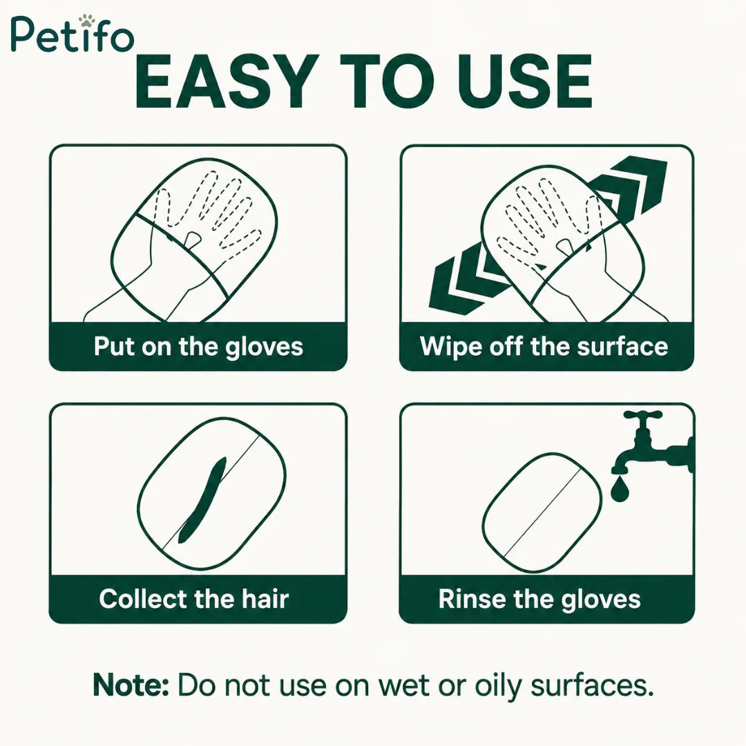 Step-by-step instructions for the Petifo hair removal gloves showing how to put them on, wipe surfaces, collect hair, and rinse them clean, with a note advising against use on wet or oily surfaces.