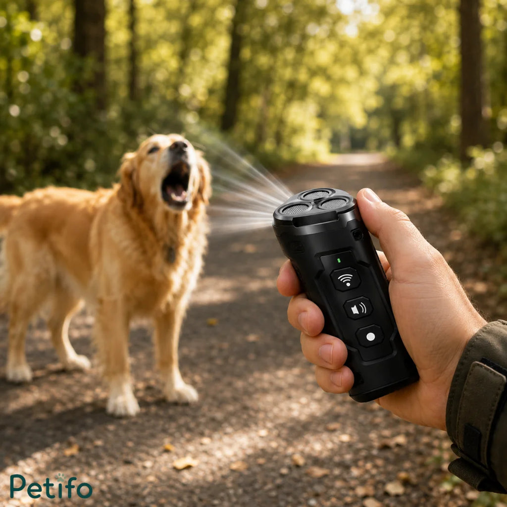 Person holding a black ultrasonic device in a forest to stop a barking golden retriever.