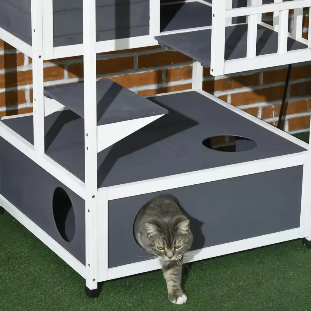 Large Outdoor Wooden Cat House Several storeys for resting, viewing and play - Petifo