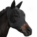 Black stretch horse fly mask with fine mesh ears and eyes for full face insect protection.