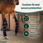Stretchable horse ice boots featuring secure hook-and-loop fasteners for a custom fit.
