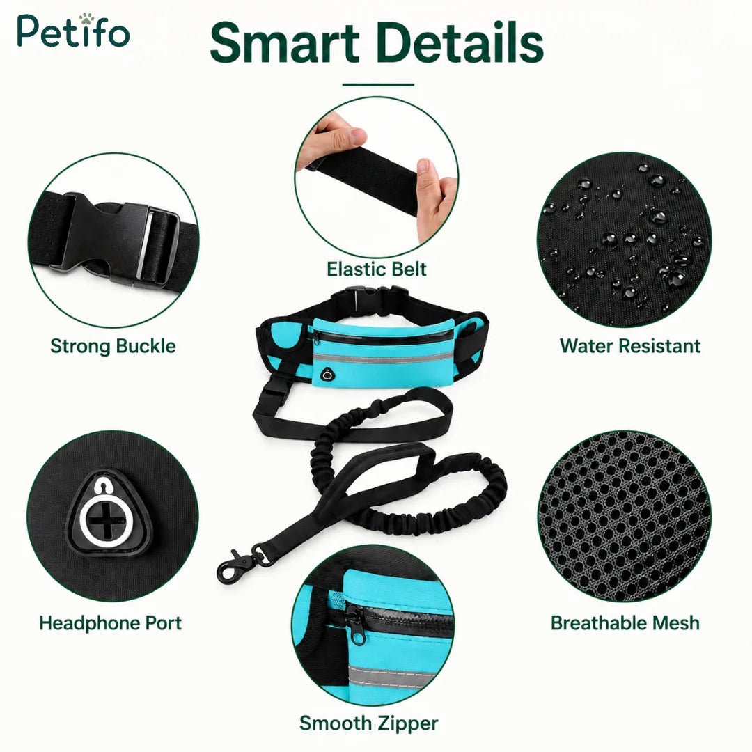 Detailed smart features of the Petifo running belt, showcasing the strong buckle, elastic belt, water-resistant material, breathable mesh, smooth zipper, and headphone port.