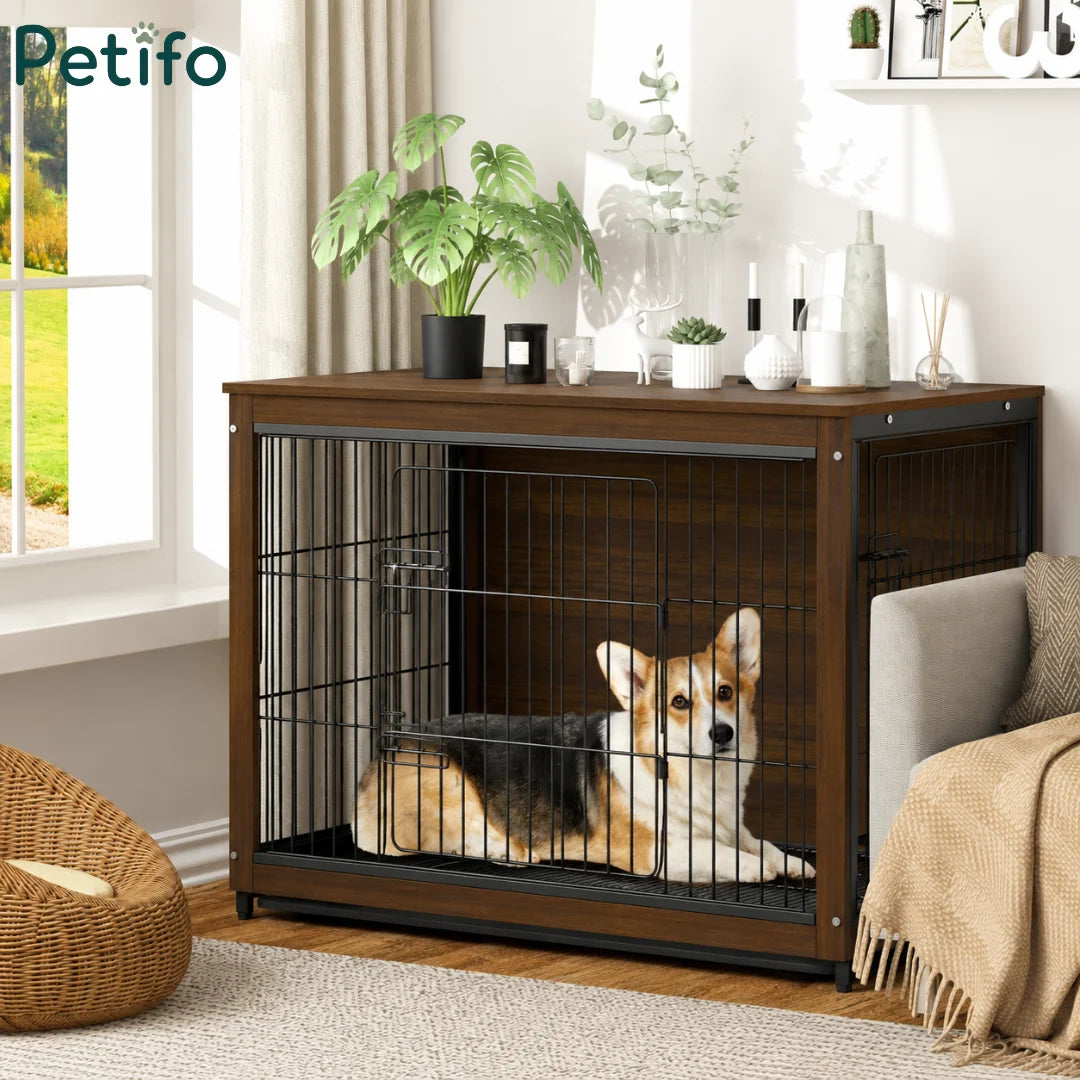 A stylish dark wood Petifo end table dog crate providing a comfortable indoor resting space for a Corgi.