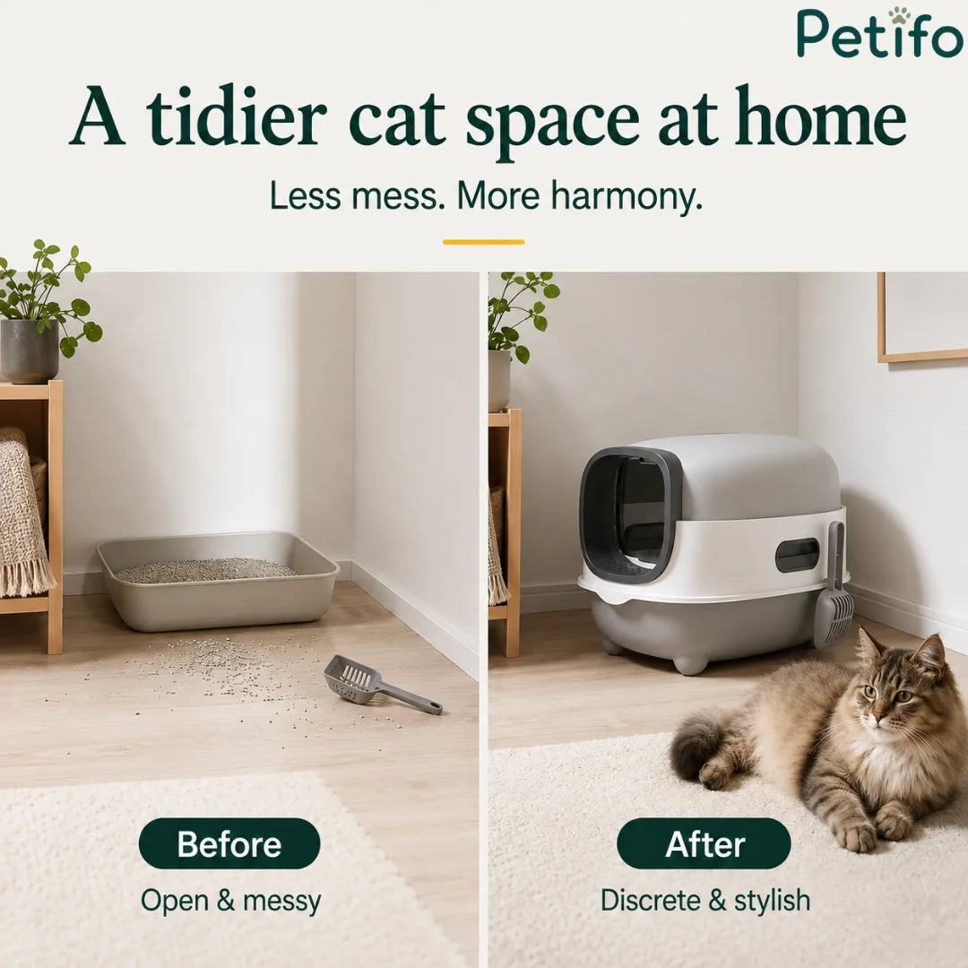Before and after room comparison highlighting a messy open litter tray compared to a tidy, stylish enclosed cat litter box setup.