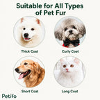Four different dog breeds demonstrating suitability for all coat types using the grooming tool.