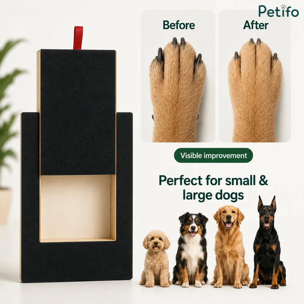 Before and after results of a dog's nails alongside four different breeds showing it is suitable for small and large dogs.