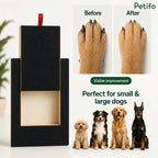 Before and after results of a dog's nails alongside four different breeds showing it is suitable for small and large dogs.