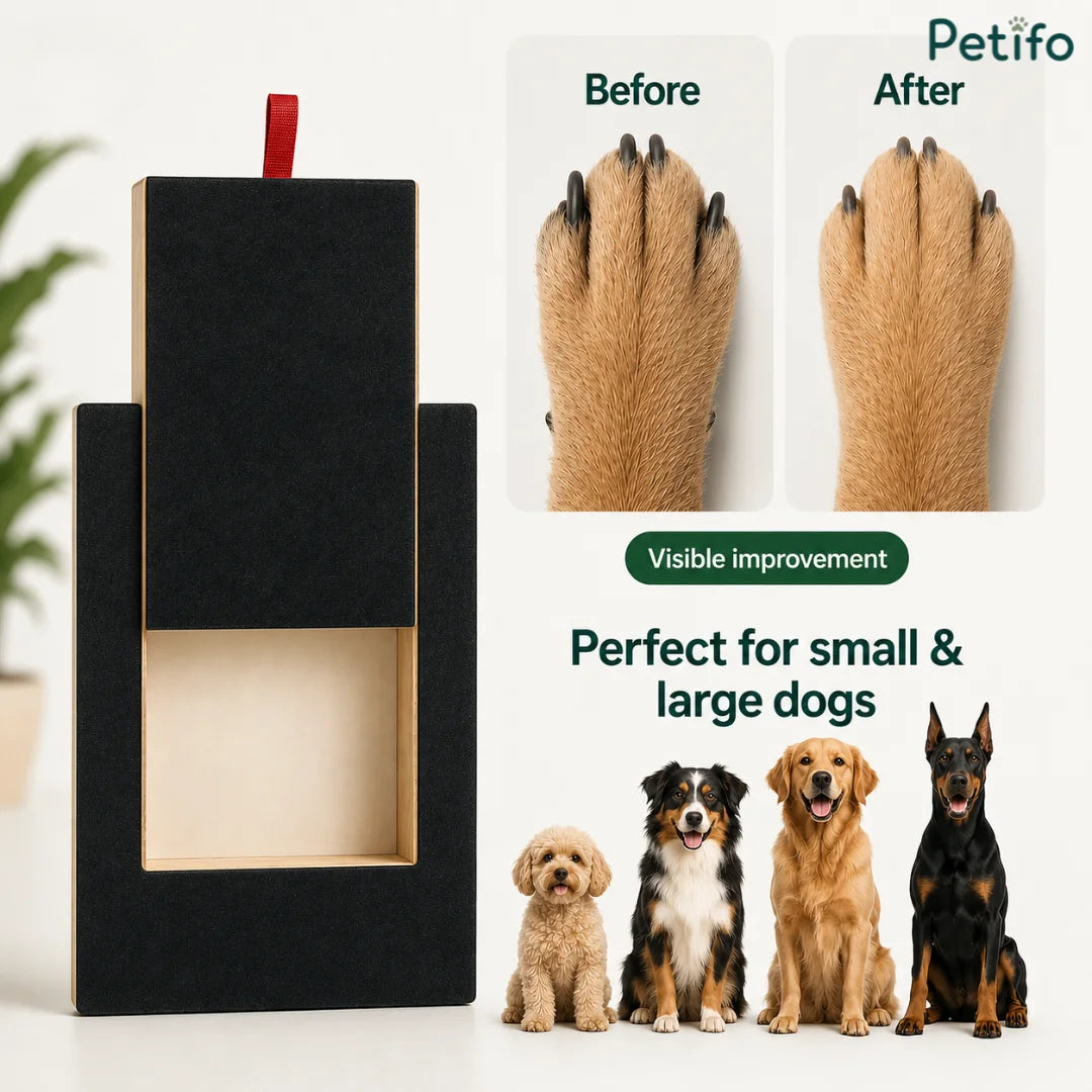 Before and after results of a dog's nails alongside four different breeds showing it is suitable for small and large dogs.