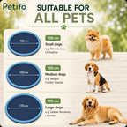 Size comparison chart for the dog sprinkler pool showing 100 cm, 150 cm, and 170 cm options suitable for all pets.