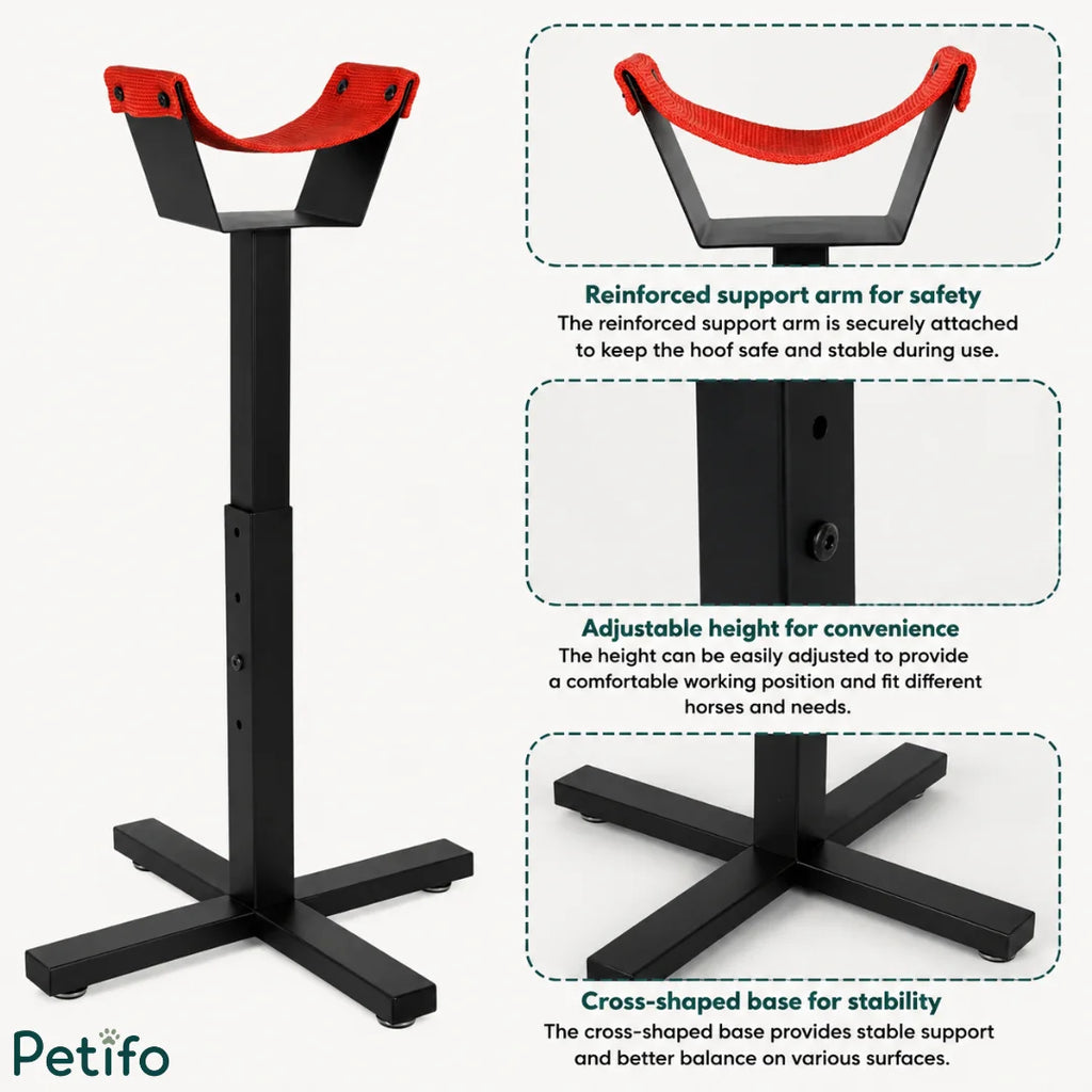 Product details showing the reinforced support arm, adjustable height mechanism, and cross-shaped base of the hoof stand.