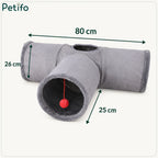 Size blueprint detailing the length and diameter of a T-shaped grey cat tunnel.