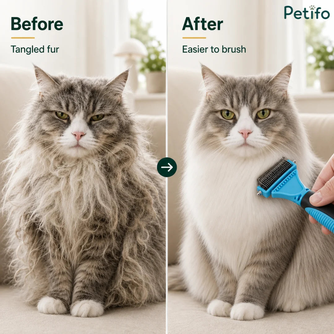 Before and after comparison showing a fluffy cat with tangled fur transformed into a smooth, easy-to-brush coat using the Petifo deshedding comb.