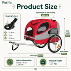 Technical diagram of the Petifo pet bike trailer displaying a total height of 95 cm, total length of 125 cm, interior dimensions of 64 x 52 x 46 cm, a product weight of 12.7 kg, and detailed coupling fastener measurements.