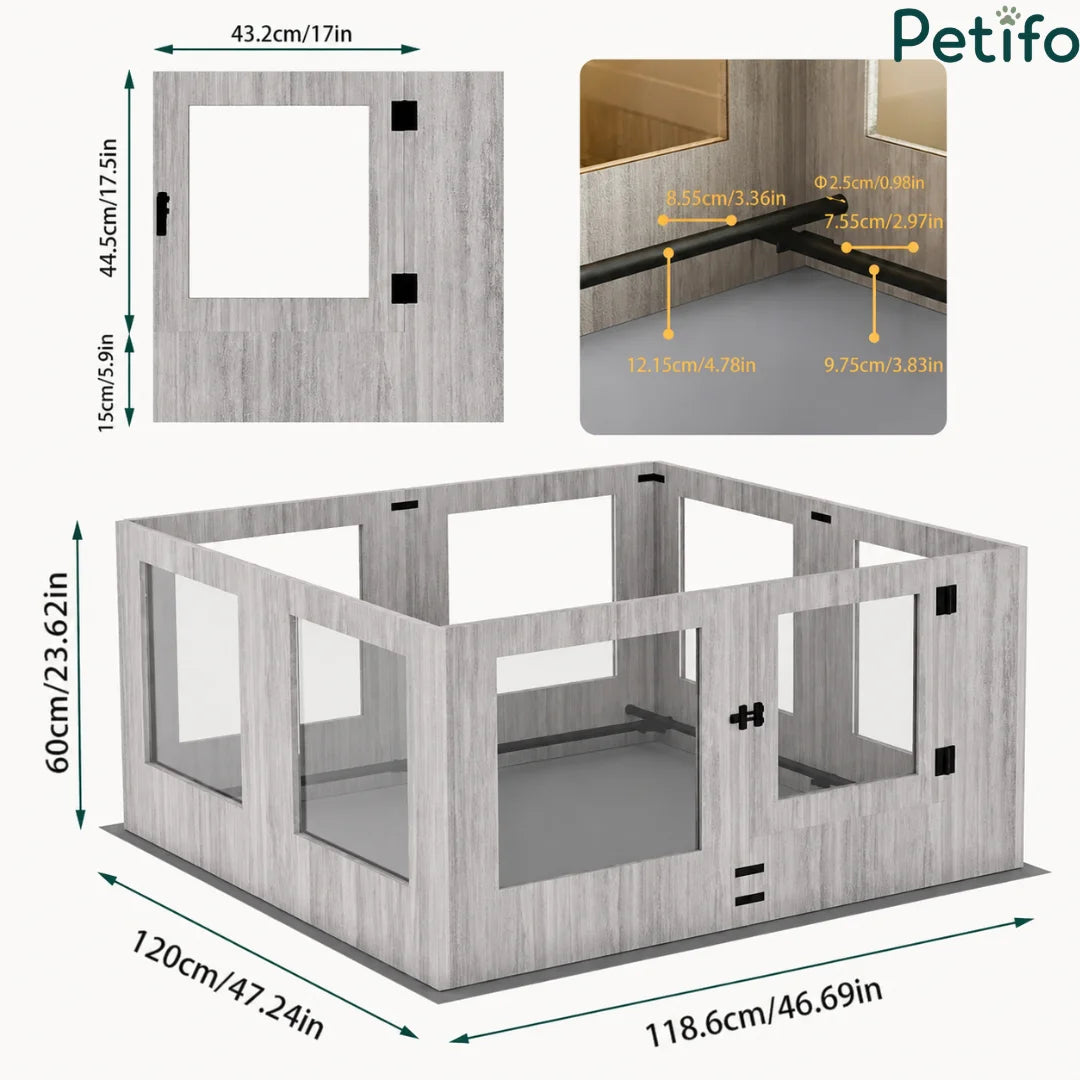 Technical dimension diagram showing the layout and measurements of a square wooden pet playpen.
