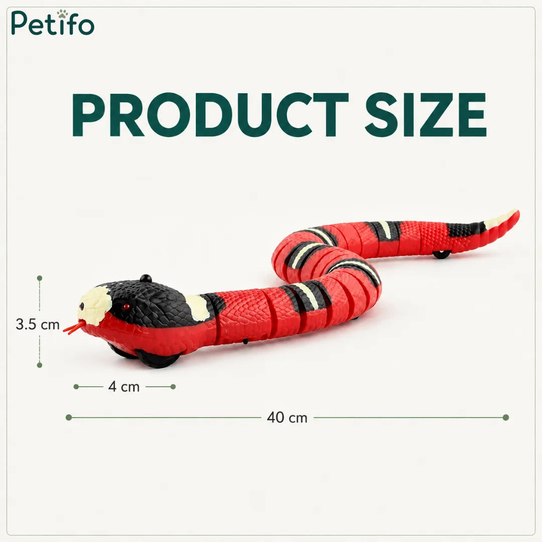 Product dimension infographic displaying the length, width, and height of the interactive snake toy.