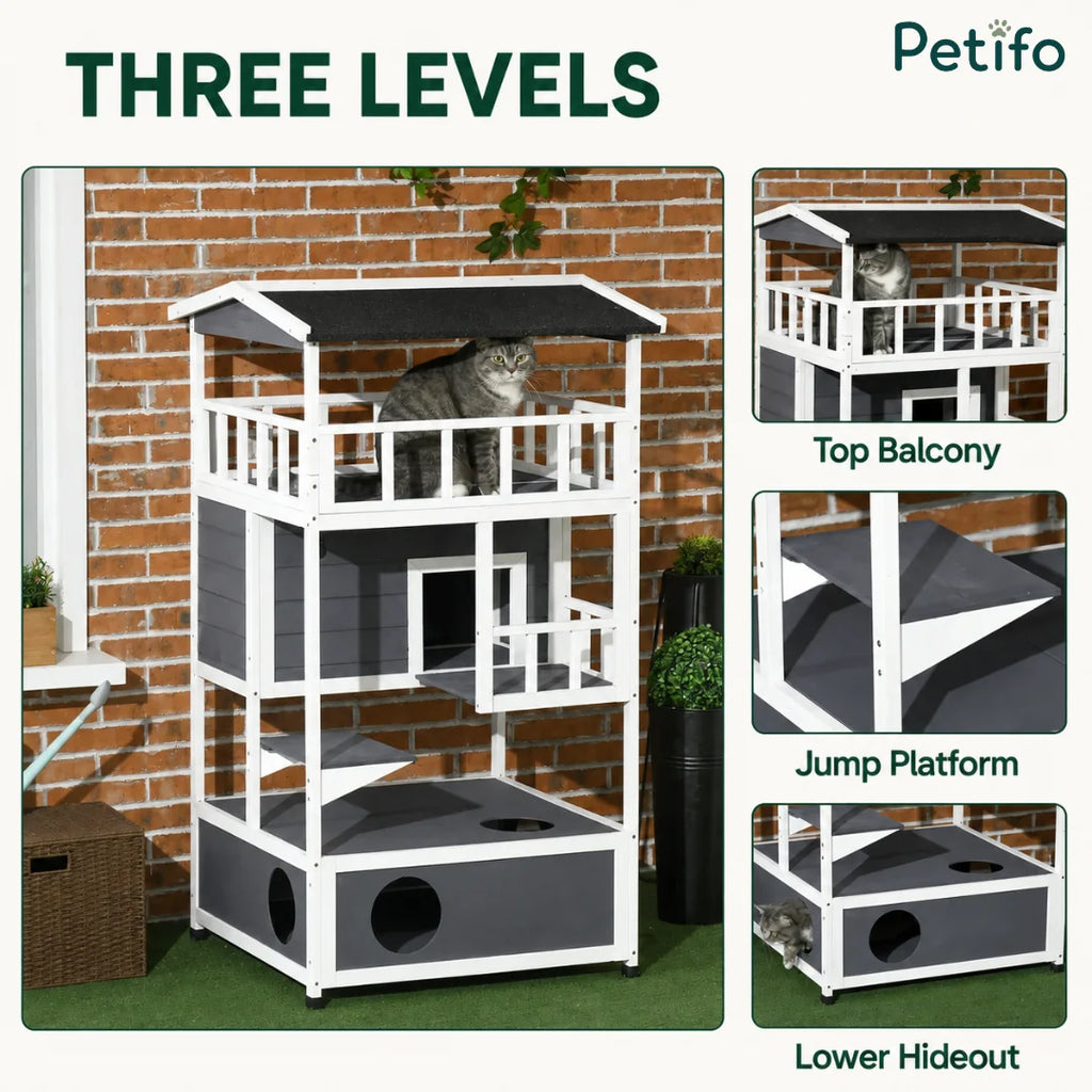 Three-level cat house breakdown highlighting the top balcony, jump platform, and lower hideout.