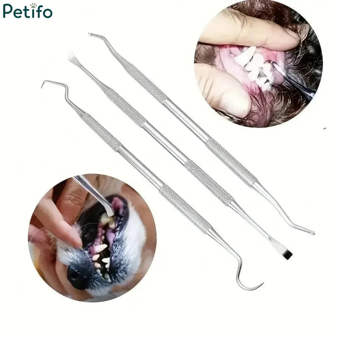 Three-piece stainless steel pet dental scraper tool set with close-up usage demonstrations"