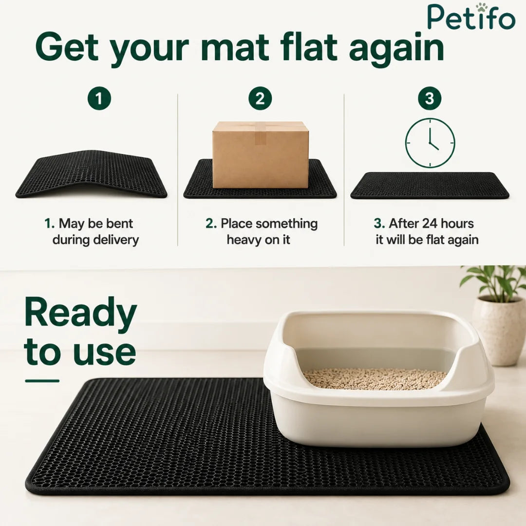 Three-step guide for flattening cat litter mat after delivery by placing heavy object on top