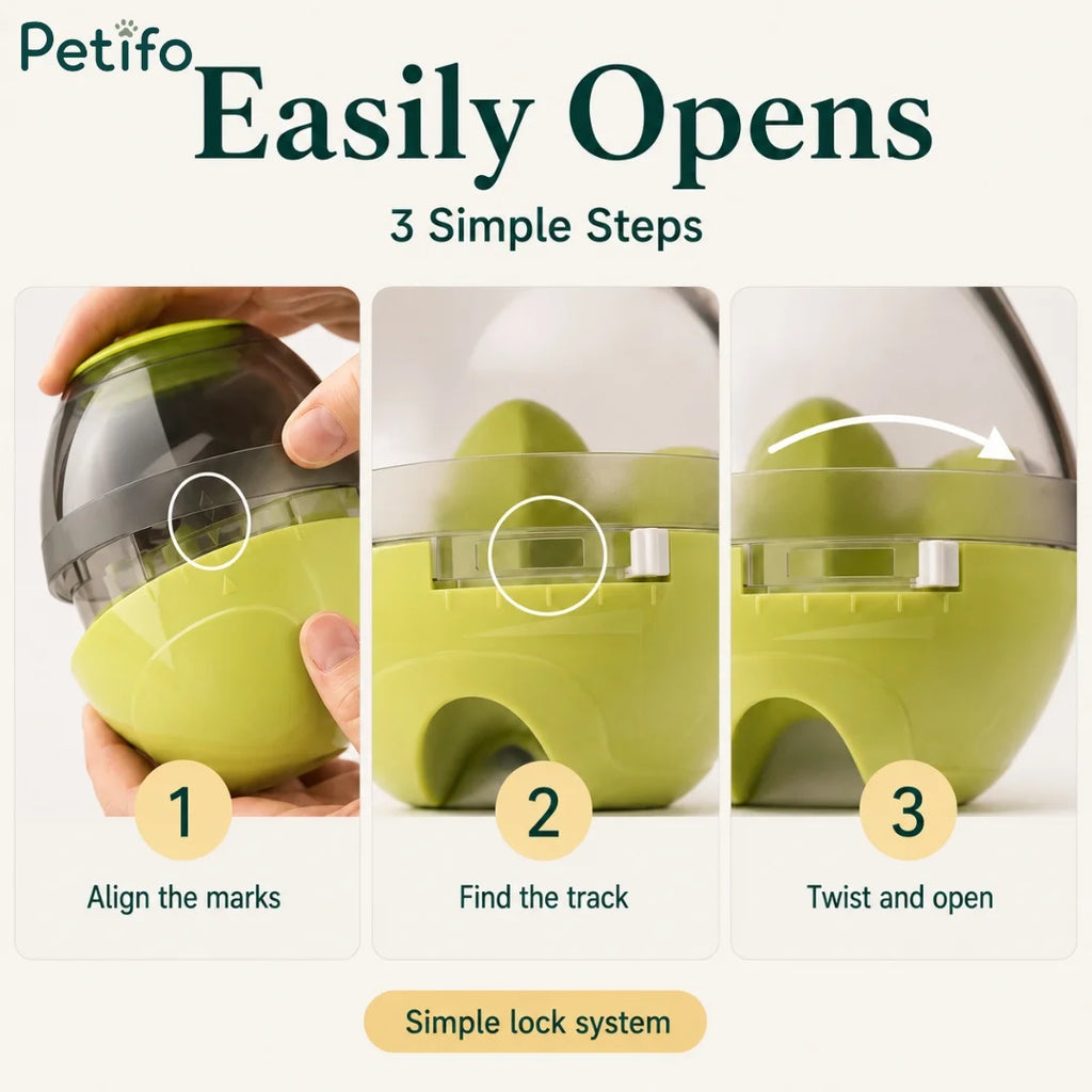 Three-step visual guide demonstrating how to unlock and open the Petifo treat toy base