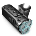 Handheld black ultrasonic anti-barking device showing three emitters and a built-in flashlight.