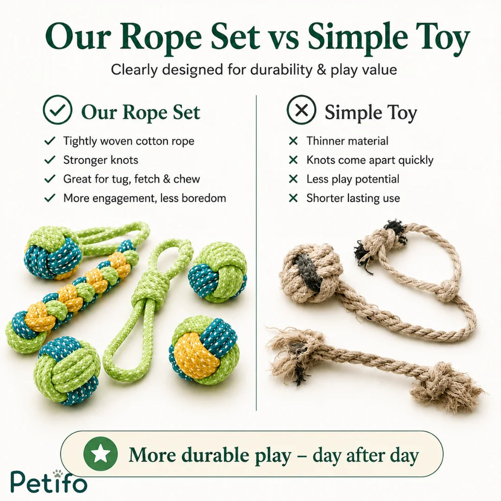 Side-by-side comparison chart contrasting the superior durability of tightly woven cotton rope toys against flimsy standard pet toys.