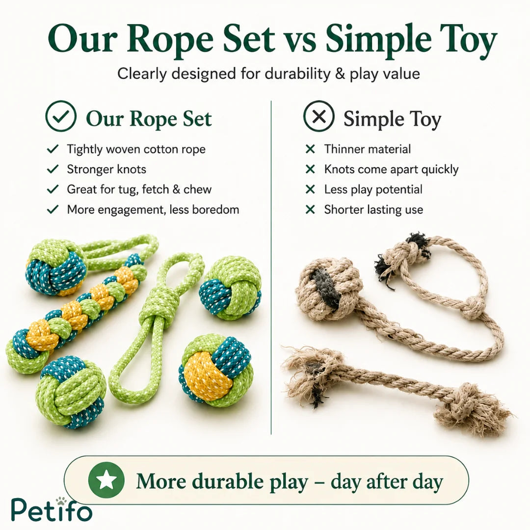 Side-by-side comparison chart contrasting the superior durability of tightly woven cotton rope toys against flimsy standard pet toys.