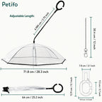 A technical sizing chart displaying the dimensions of the transparent pet umbrella, handle, and chain in centimeters and inches.
