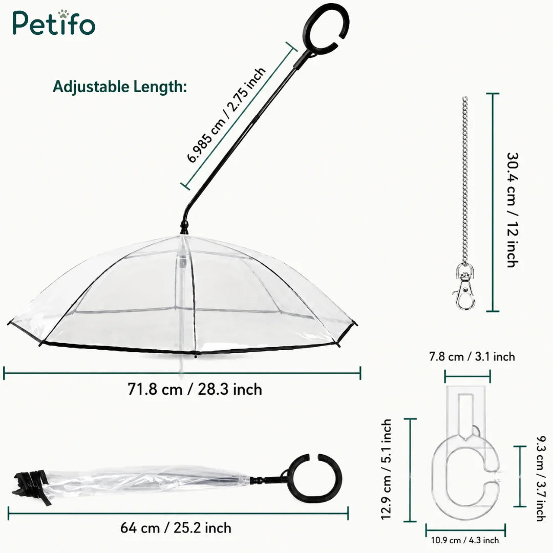 A technical sizing chart displaying the dimensions of the transparent pet umbrella, handle, and chain in centimeters and inches.