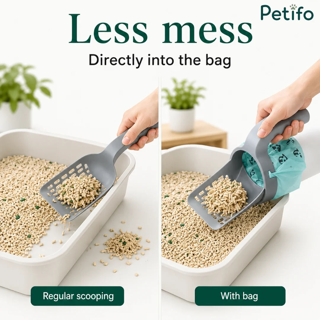 Cat litter scoop demonstration showing cleaner scooping directly into the integrated trash bag.