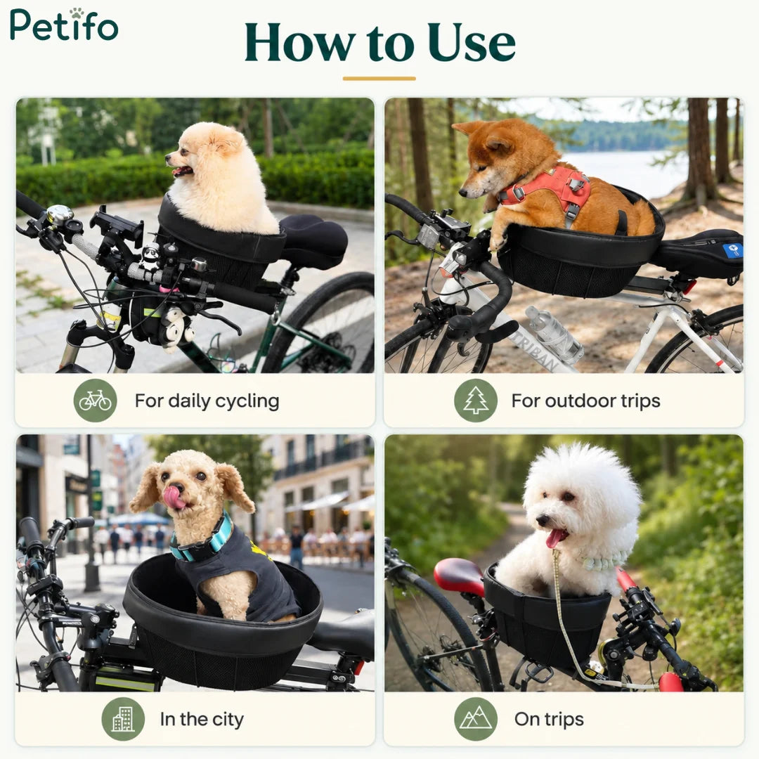 Petifo pet bike basket demonstrating versatile use cases for daily cycling, outdoor trips, city rides, and traveling.