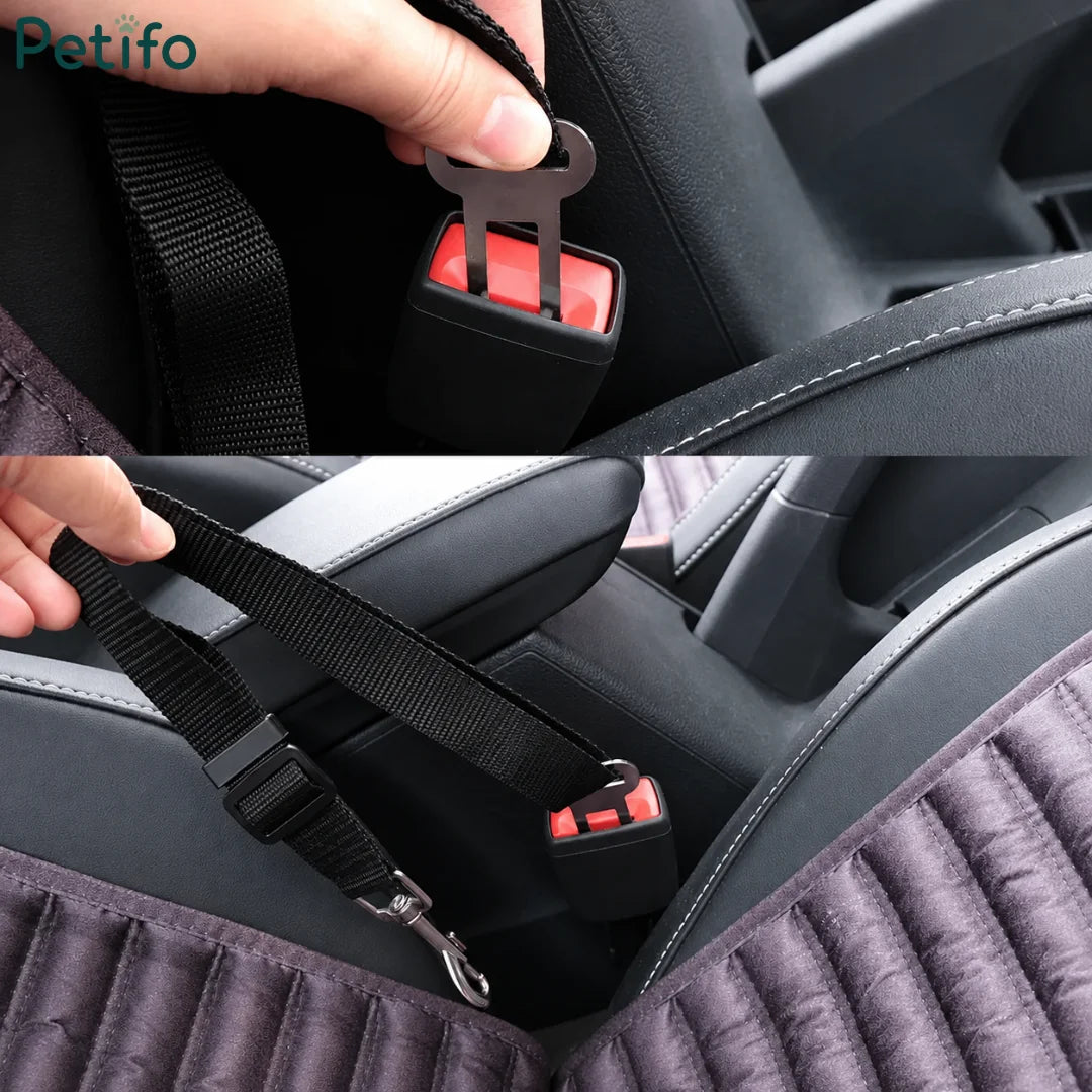 Two-part demonstration photo showing a hand clicking the Petifo pet seat belt buckle into a car seat receiver.