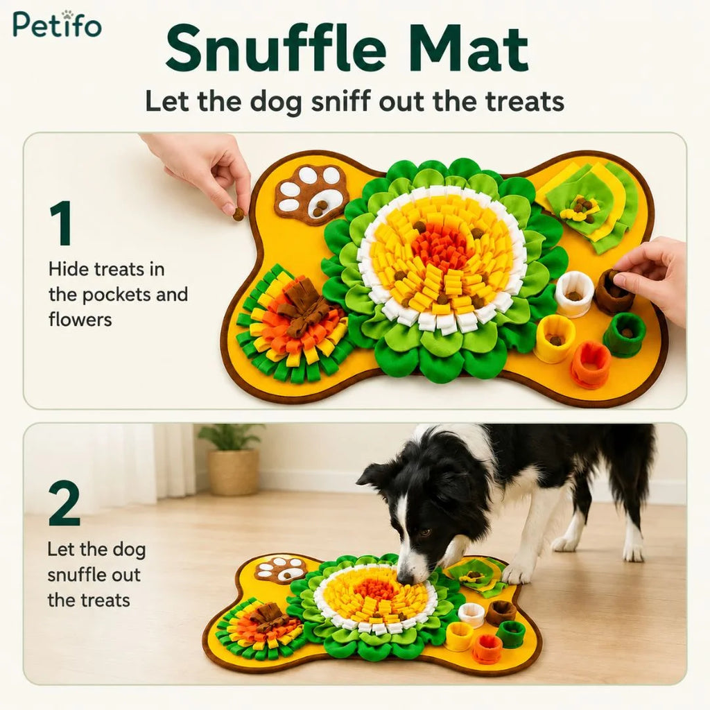 Two-step instructional guide demonstrating how to hide treats in the mat's pockets and let the dog sniff them out.