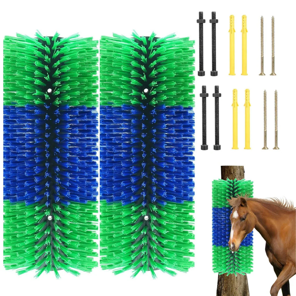Two green and blue large cylindrical stable scratch brushes alongside their included mounting screws and anchors, featuring a brown horse using a mounted brush on a wooden post.