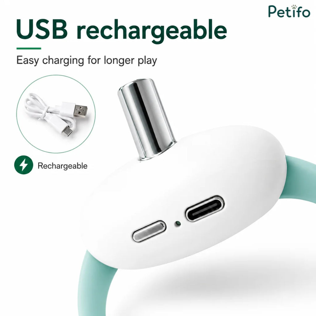 Close-up of the Petifo USB rechargeable laser collar showing the charging port and included USB cable inset.