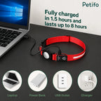 Red LED dog collar connected to a laptop via USB cable showing multiple recharging compatibility options.