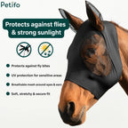 Infographic showing fly and UV protection features of the stretchy horse fly mask.
