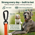 Promotional banner highlighting ultra-lightweight strength, a heavy-duty safety hook, and double-protected connection points alongside a Cavalier King Charles Spaniel and Great Dane.