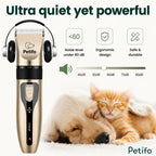 Ultra-quiet gold dog hair clipper paired with a sleeping puppy and kitten.