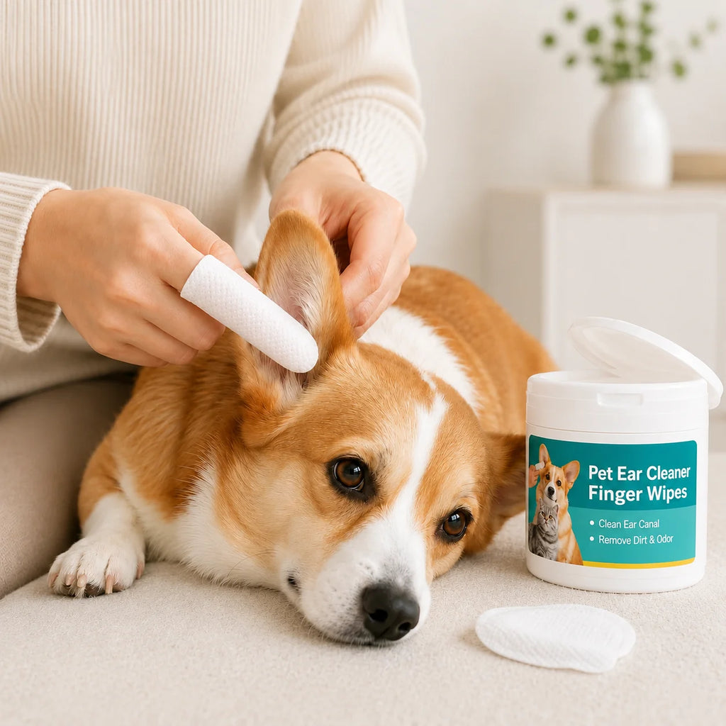 A person using a textured pet ear cleaning finger wipe to clean the inner ear of a corgi dog.