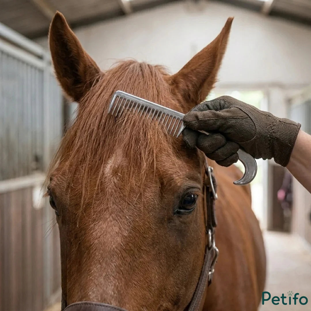 Grooming a horse's forelock using a metal mane comb inside a stable.