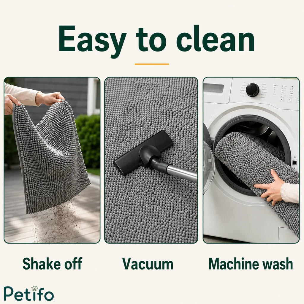 Maintenance guide showing how to shake off, vacuum, or machine wash the grey chenille dog mat.