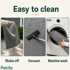 Maintenance guide showing how to shake off, vacuum, or machine wash the grey chenille dog mat.