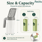 Cat litter scoop dimensions and variant options showing 2-roll and 10-roll refill bundle capacities.