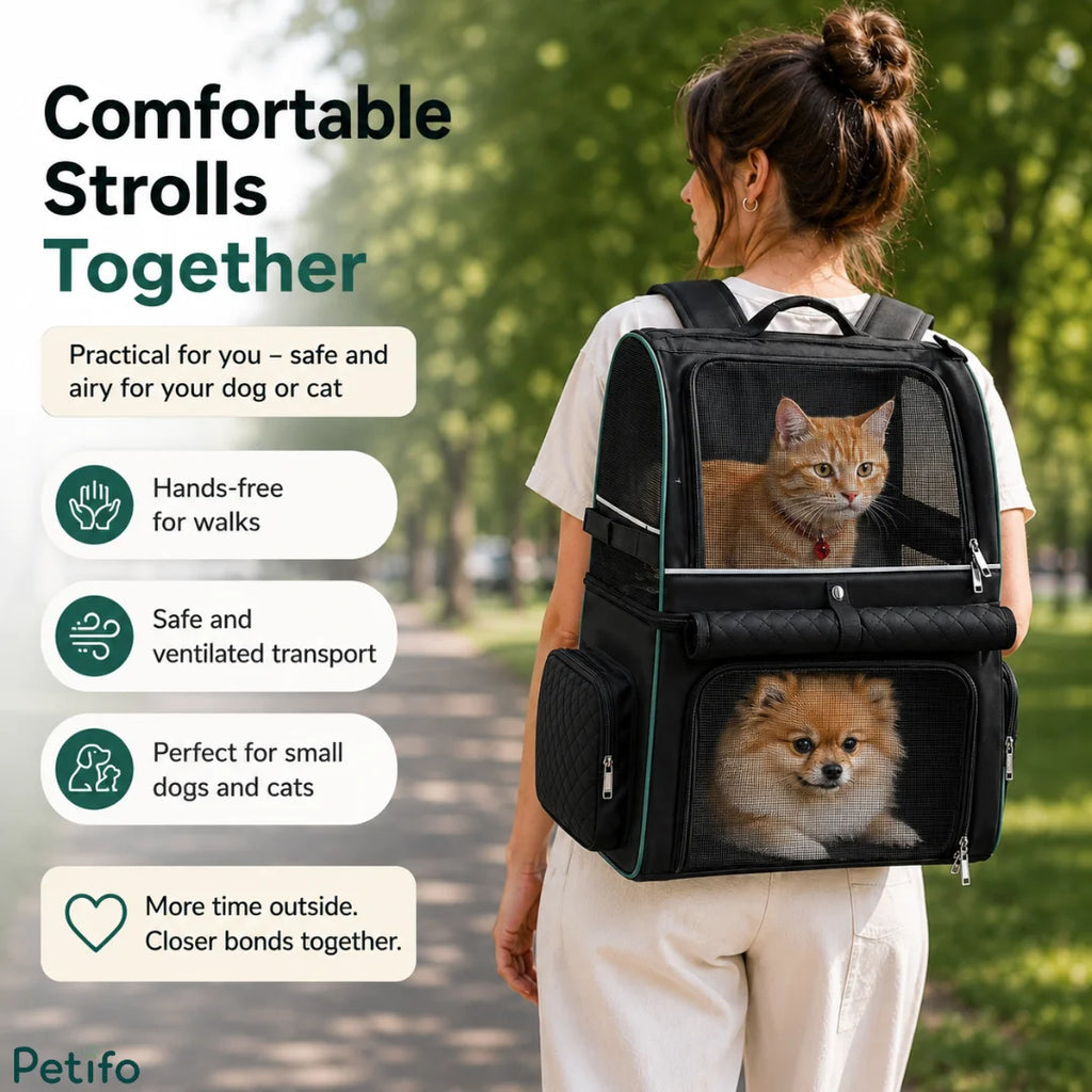 Lifestyle banner showing a woman wearing the ventilated double-deck pet backpack while walking outdoors with her cat and dog.