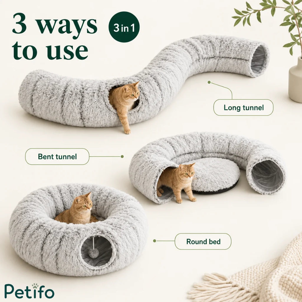 A 3-in-1 versatile cat bed shown configured as a long tunnel, bent tunnel, and round donut bed.