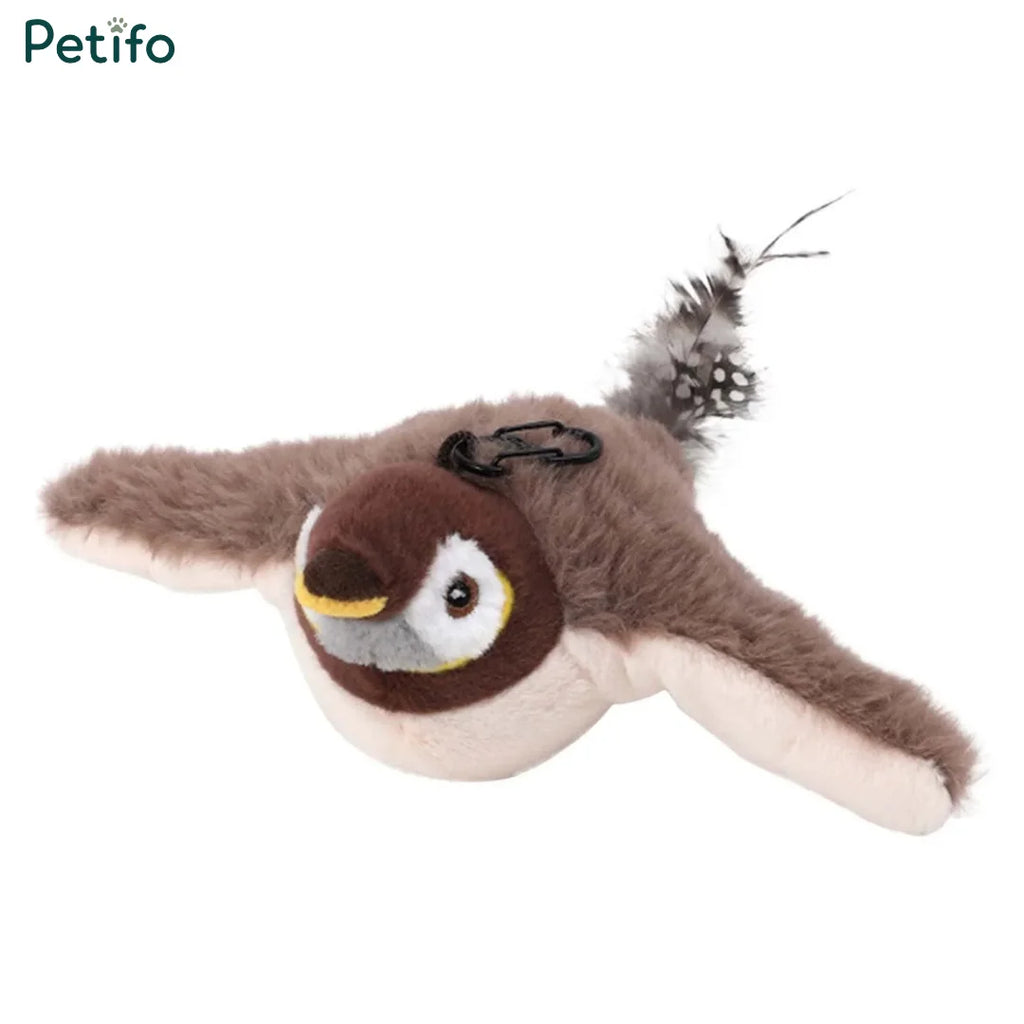 Detailed product view of the plush brown and white Petifo bird cat toy featuring a spotted feather tail and attachment loop.