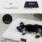 Detailed view comparing the top plush surface and anti-slip dot bottom of the washable dog cushion.