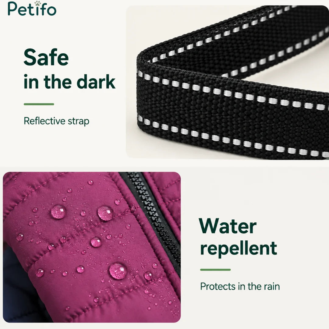 Close-up view showing the high-visibility reflective straps and water-repellent fabric of the dog winter coat.